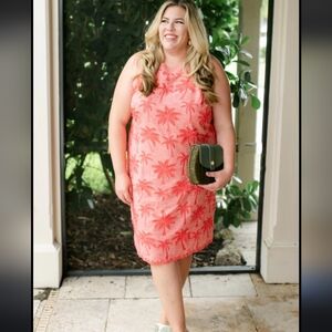 Nwot Talbots Salmon Peach Embroidered Palm Tree Textured  Sleeveless Shift Dress